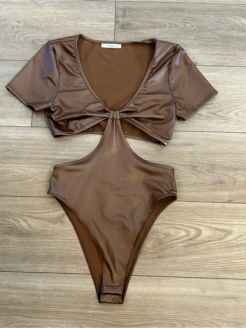 Timing Brown Faux Leather Cutout Bodysuit Short Sleeve Small